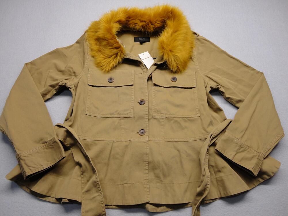 J.Crew Jacket Womens Medium Beige Faux Fur Collar Belted Military Twill